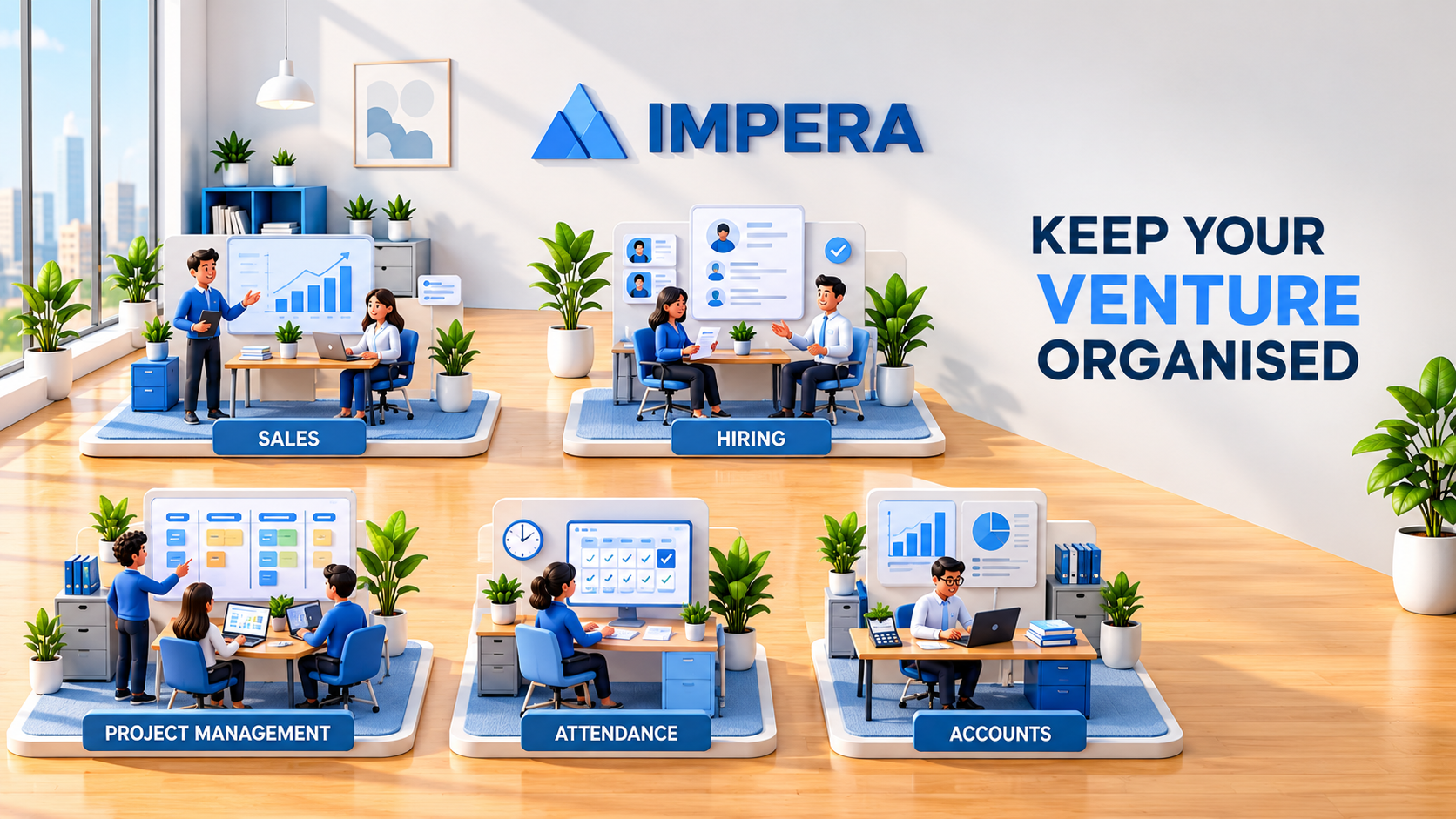Impera office showing Sales, Hiring, Project Management, Attendance, and Accounts in one connected workspace